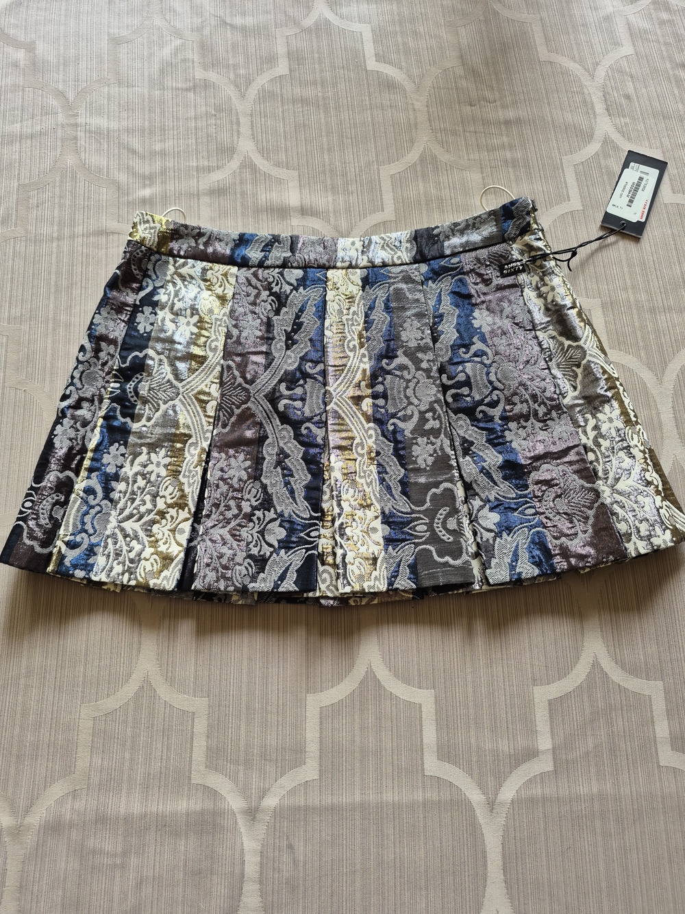 Miss Sixty Brocade Pleated Mini Skirt in Blue, Gold, Black